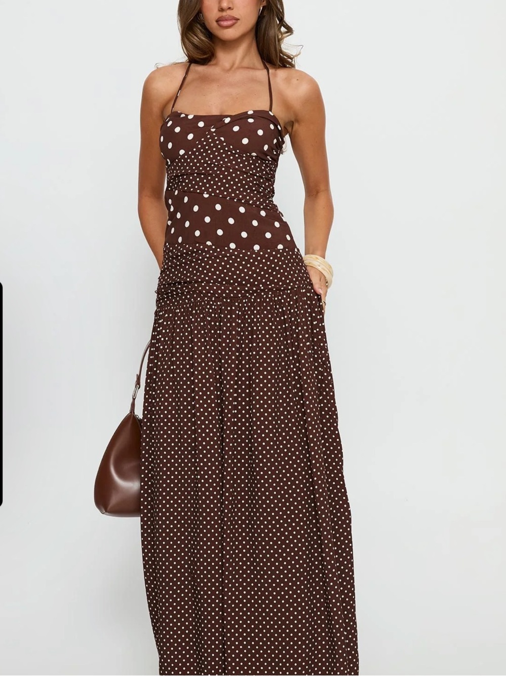 Brown Polka Dot Halter Maxi Dress